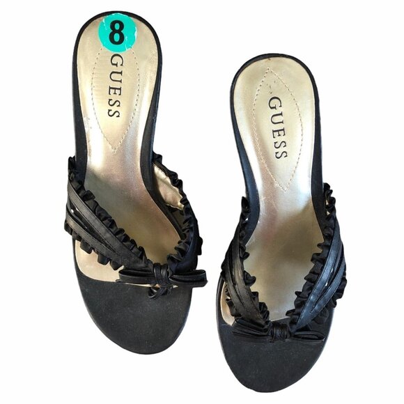 Guess Wedges Sandals Womens Size 8 Black Cork Shiny Summer - Picture 2 of 16